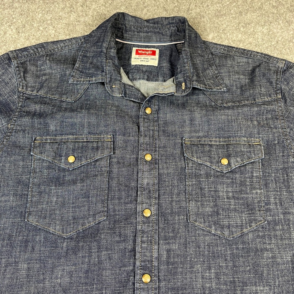 Wrangler Denim Western Pearl Snap Shirt Mens Large Blue Wesstern Sawtooth